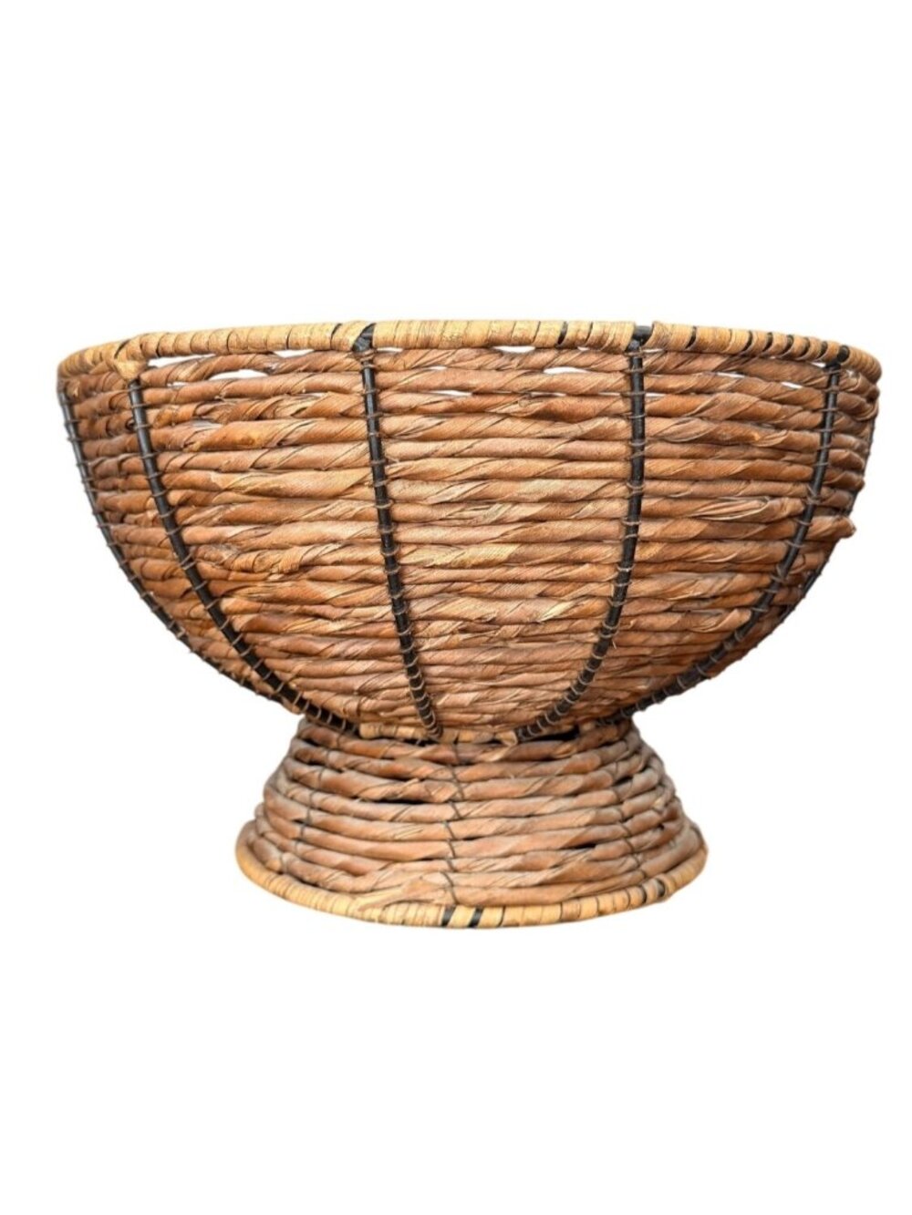 Vintage Rustic Wicker Pedestal Bowl Boho Rattan Footed Centerpiece Basket